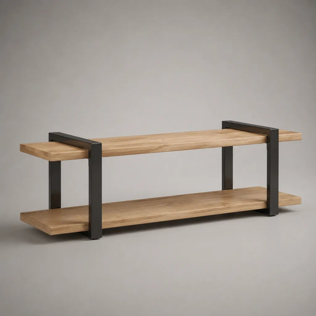 TV-Lowboard mit 2 Ablagen aus massivem Akazienholz und pulverbeschichtetem Stahl, Naturfarben/Schwarz, 120 × 35 × 50 cm