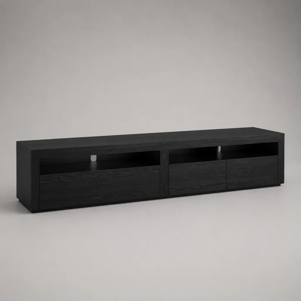 TV-Lowboard aus Spanplatte mit 3 Klappen und 3 offenen Fächern, Schwarz, 200 × 40 × 50 cm