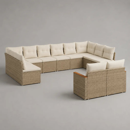 11-Sitzer-Gartensofa-Set in U-Form aus PE-Rattan, Stahl und Stoff, Beige/Creme/Braun, ca. 360 × 230 × 74 cm