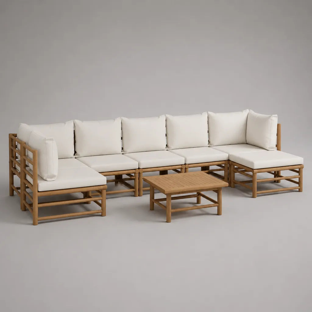 Garten-Loungeset 6-teilig aus Bambus mit Polyesterpolstern, U-Form, Natur/Cremeweiß, 330 × 150 × 78 cm