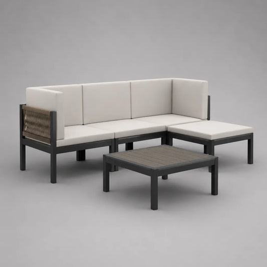 3-teiliges Garten-Ecksofa-Set mit Couchtisch, Aluminium, Polyester und WPC, L-Form, Anthrazit und Beige, 230 × 145 × 75 cm