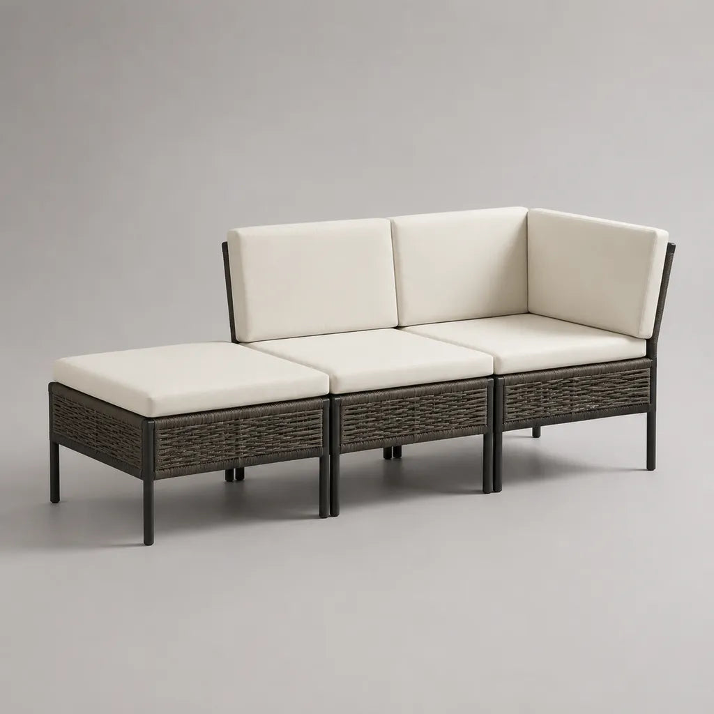 Modulares Gartensofa-Set 3-teilig aus Stahl und PE-Rattan, Creme/Dunkelgrau, 207 x 70 x 73 cm