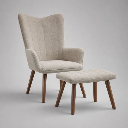 Ohrensessel mit Hocker, 2-teilig, Beige/Walnussbraun, Bouclé-Polyester und Massivholz, Sessel 75 × 82 × 105 cm, Hocker 62 × 45 × 42 cm