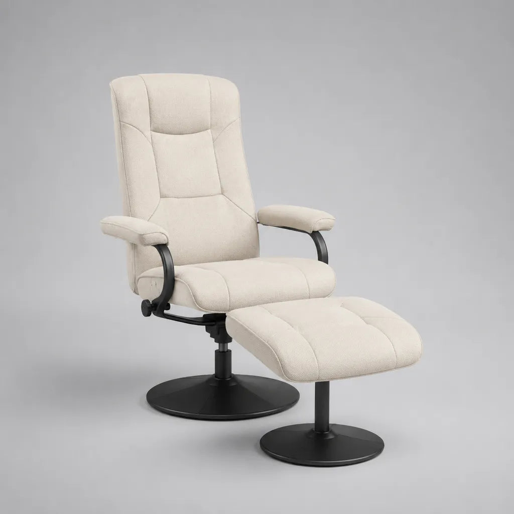 Drehbarer Relaxsessel mit Fußhocker, 2-teilig, Polyesterbezug, Stahlgestell, Creme und Schwarz, Sessel 76 × 82 × 105 cm, Hocker 50 × 42 × 39 cm