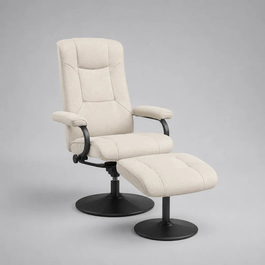 Drehbarer Relaxsessel mit Fußhocker, 2-teilig, Polyesterbezug, Stahlgestell, Creme und Schwarz, Sessel 76 × 82 × 105 cm, Hocker 50 × 42 × 39 cm