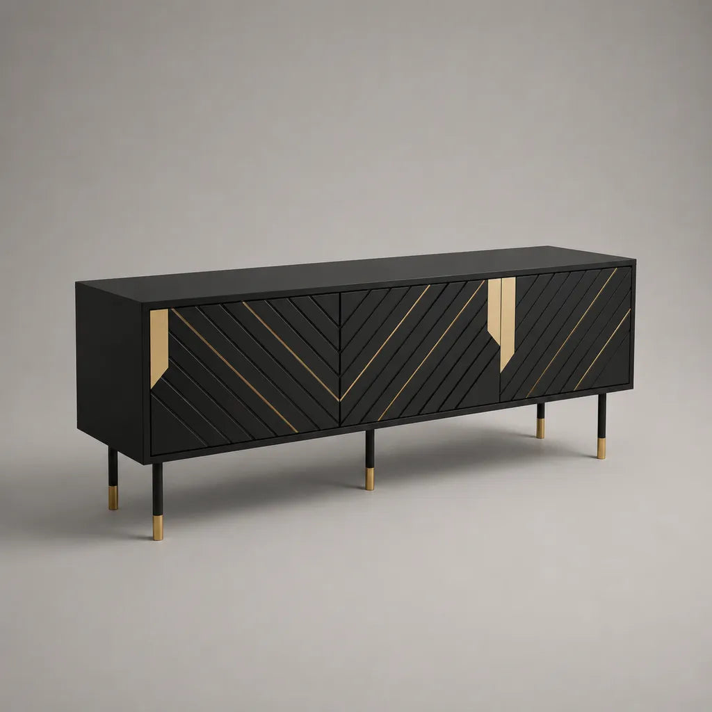 TV-Lowboard mit 3 Türen aus MDF und Stahl, Schwarz und Goldfarben, 160 × 40 × 70 cm