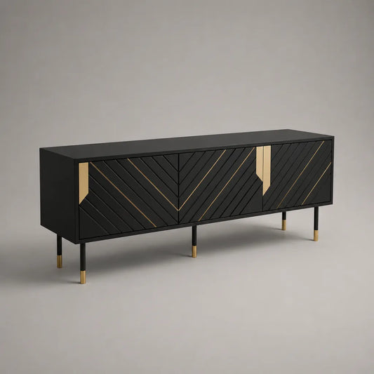 TV-Lowboard mit 3 Türen aus MDF und Stahl, Schwarz und Goldfarben, 160 × 40 × 70 cm