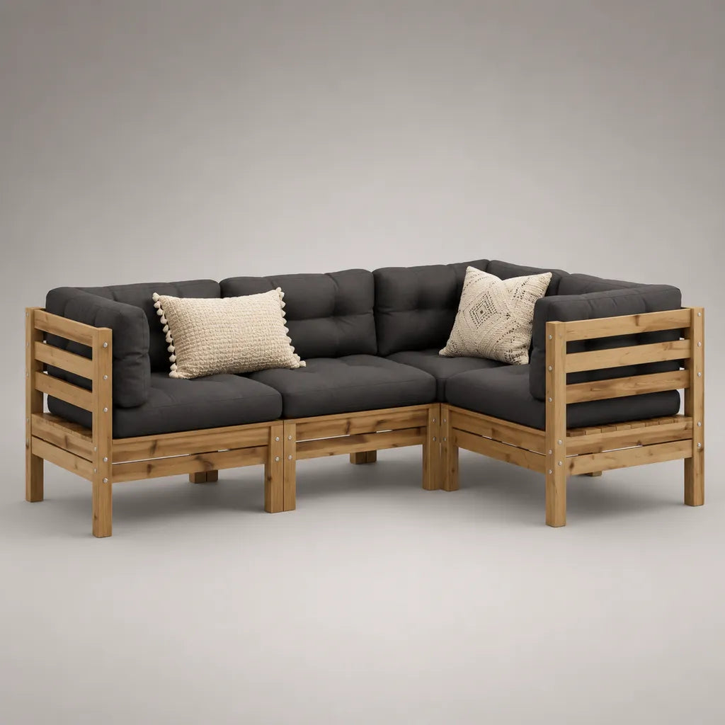 3-teiliges Gartenecksofa aus Akazien-Massivholz mit Polyesterpolstern, Natur/Anthrazit, 215 × 150 × 78 cm