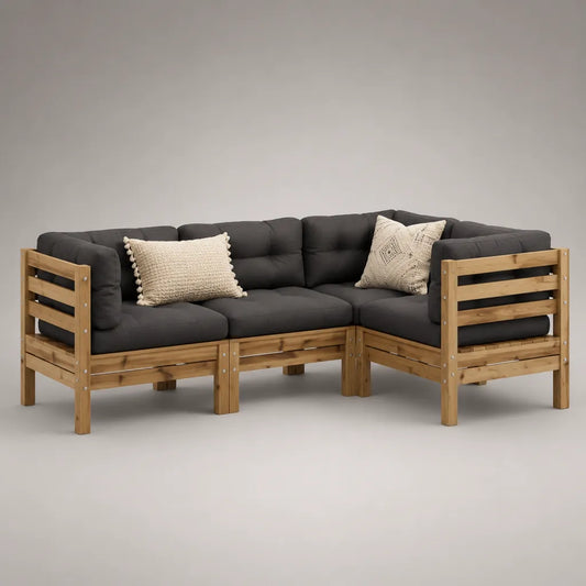 3-teiliges Gartenecksofa aus Akazien-Massivholz mit Polyesterpolstern, Natur/Anthrazit, 215 × 150 × 78 cm