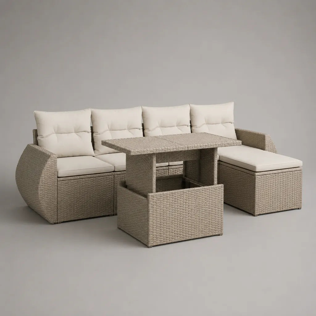 Gartensofa-Set aus PE-Rattan mit 4-Sitzer-Ecksofa und höhenverstellbarem Tisch, Beige/Creme, 240 × 180 × 75 cm