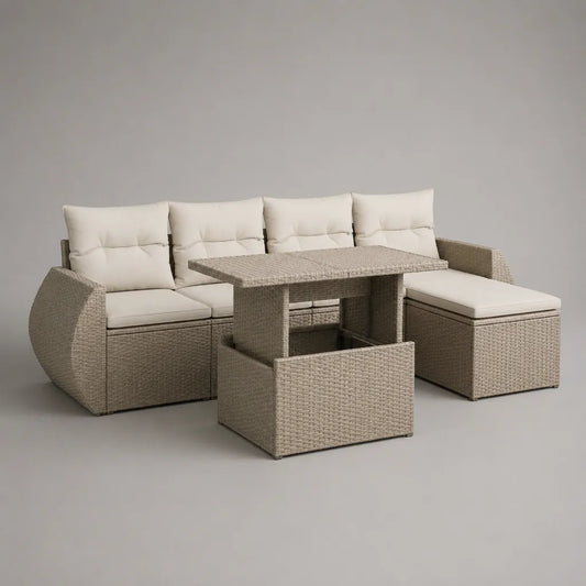 Gartensofa-Set aus PE-Rattan mit 4-Sitzer-Ecksofa und höhenverstellbarem Tisch, Beige/Creme, 240 × 180 × 75 cm