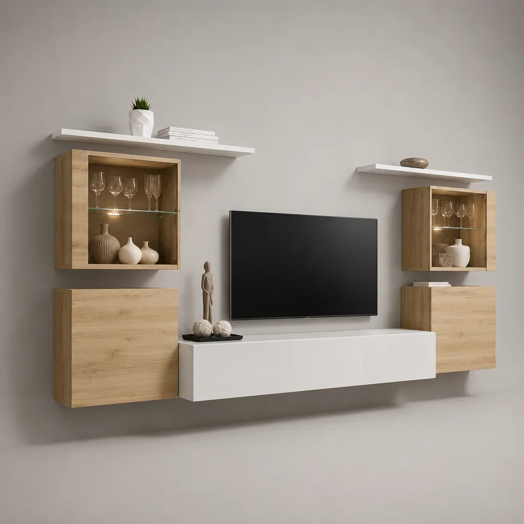 7-teilige Wohnwand mit Lowboard 160 × 31 × 35 cm, Vitrinen, Hängeschränken und Wandregalen, Spanplatte und Glas, Weiß/Eichefarben