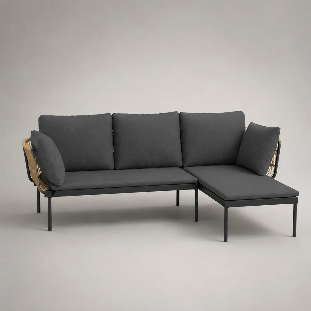 2-teiliges Gartenecksofa aus Stahl mit Polyesterkissen, Chaiselongue rechts, Anthrazit/Natur, 220 × 145 × 78 cm