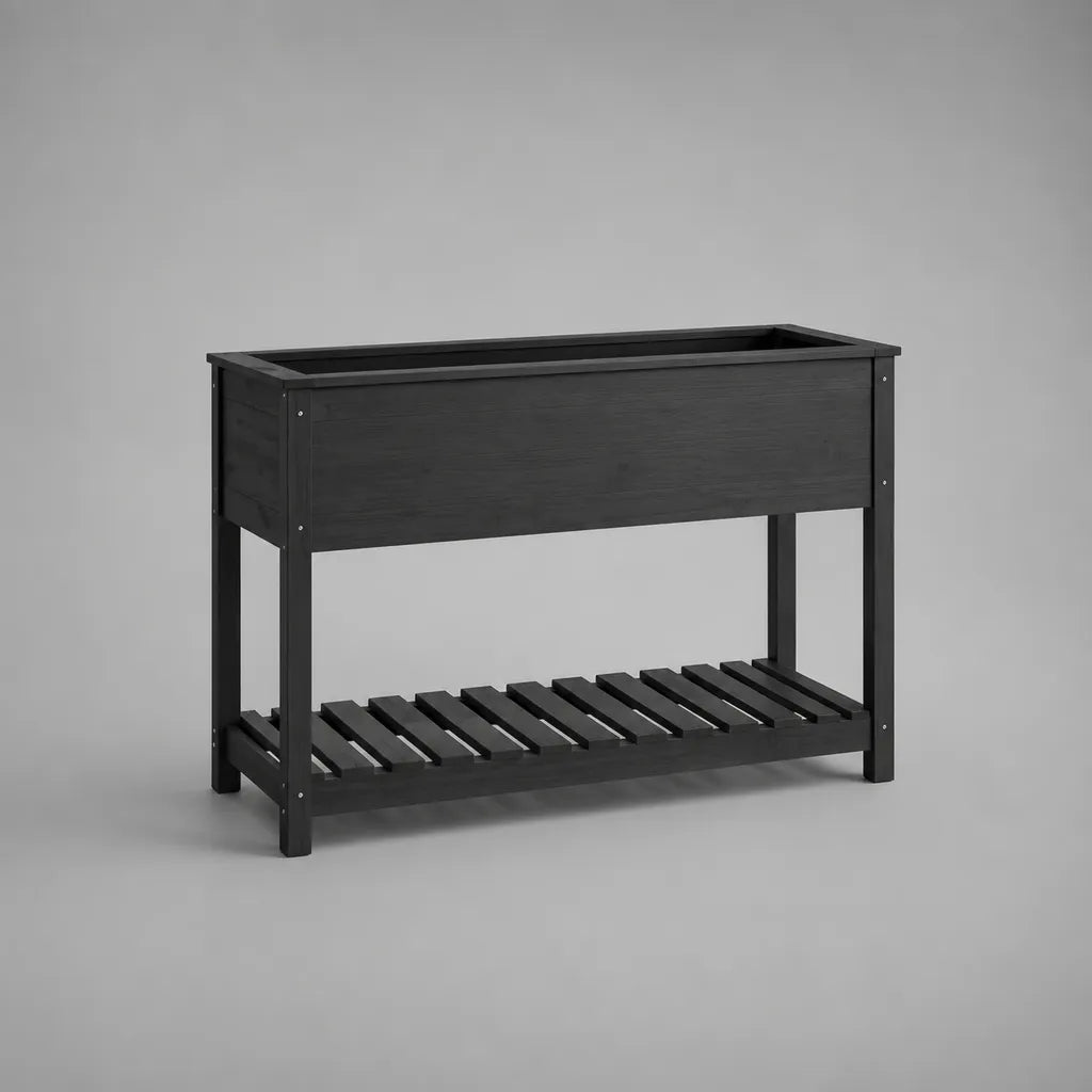 Hochbeet aus Holz mit Ablage, rechteckiger Pflanzkasten, Schwarz, 90 x 35 x 75 cm