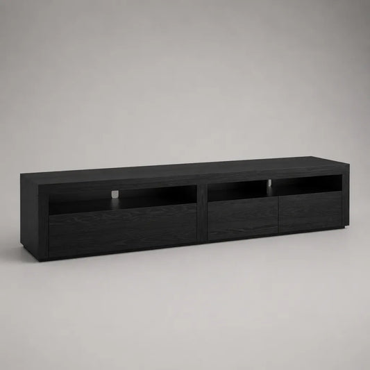 TV-Lowboard aus Spanplatte mit 3 Klappen und 3 offenen Fächern, Schwarz, 200 × 40 × 50 cm