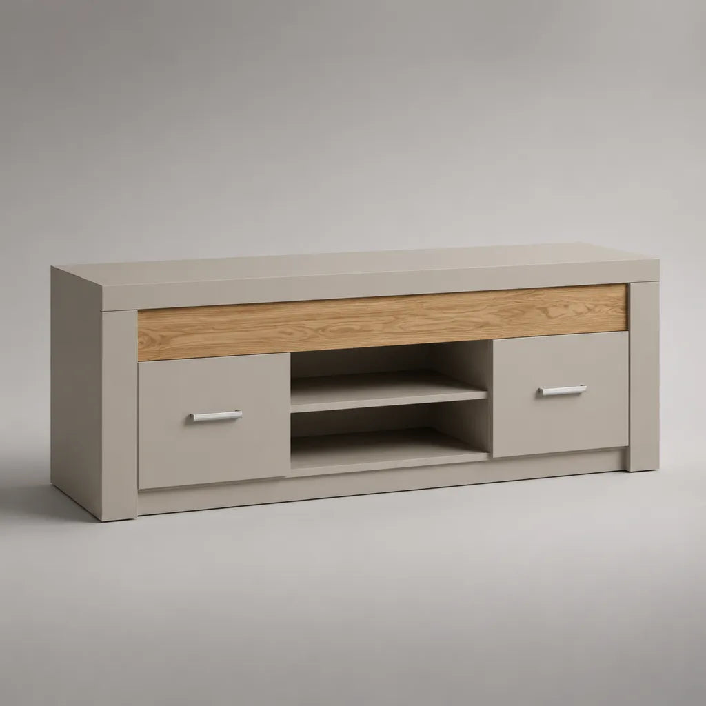 TV-Lowboard aus melaminbeschichteter Spanplatte mit 2 Türen und offenen Fächern, Kaschmirgrau/Eiche Natur, 140 × 40 × 55 cm