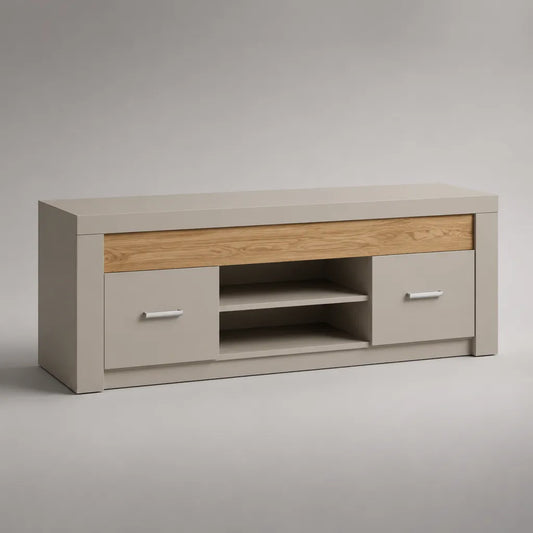 TV-Lowboard aus melaminbeschichteter Spanplatte mit 2 Türen und offenen Fächern, Kaschmirgrau/Eiche Natur, 140 × 40 × 55 cm